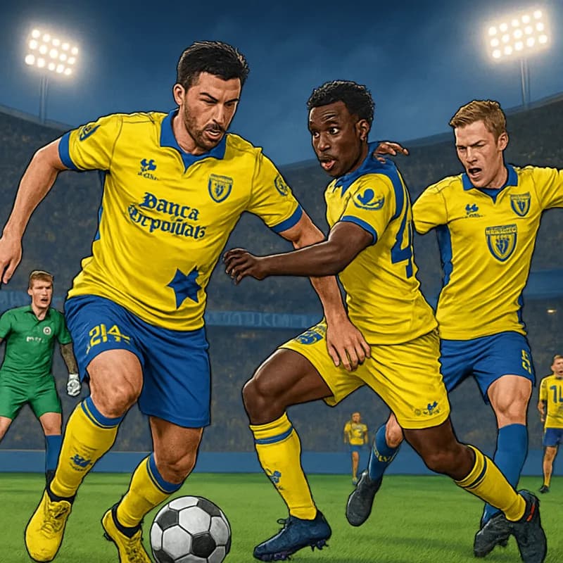 A vibrant scene at the Bottagisio training centre, with Chievo Verona players in their yellow and blue kits, practicing on a lush green pitch, under bright stadium lights, showcasing a sense of determ