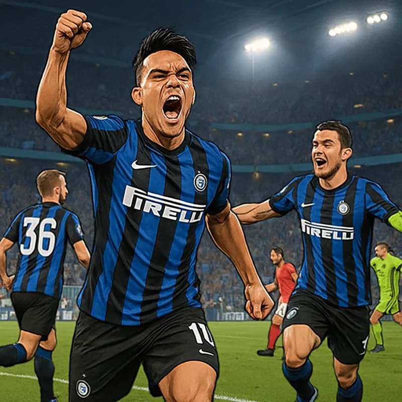 A vibrant scene at the Stadio Meazza with Inter Milan's players in their iconic blue and black striped jerseys, celebrating a goal. The stadium is packed with enthusiastic fans, waving flags and creat