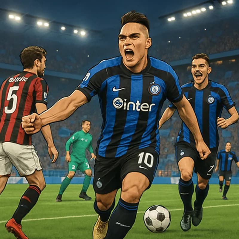 An exhilarating scene at San Siro during a Serie A match, with Inter Milan players in their blue and black striped jerseys, celebrating a goal amidst a vibrant crowd. The atmosphere is electric, with 