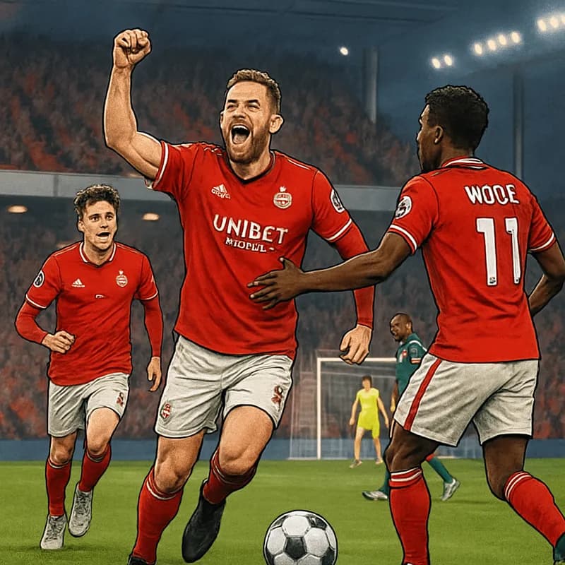 A vibrant scene at the City Ground, Nottingham, with Chris Wood in Nottingham Forest's red kit, celebrating with teammates after scoring a goal. The stadium is packed with cheering fans, creating an e