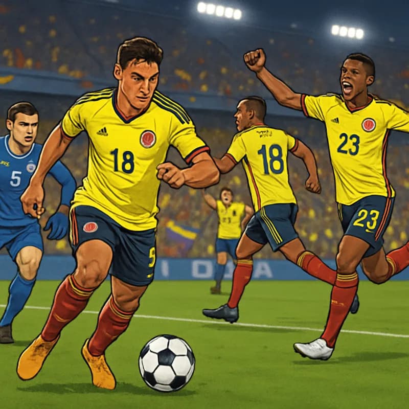 A vibrant scene at a World Cup match featuring Colombia's yellow jerseys clashing with Uzbekistan's blue kit. The stadium is filled with enthusiastic fans waving flags, and players are seen celebratin