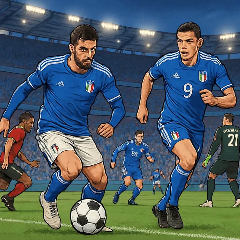 A vibrant scene at the Stadio Olimpico in Rome, with passionate fans in blue Italy jerseys cheering for their national team. The atmosphere is electric as players warm up on a lush green pitch, ready 