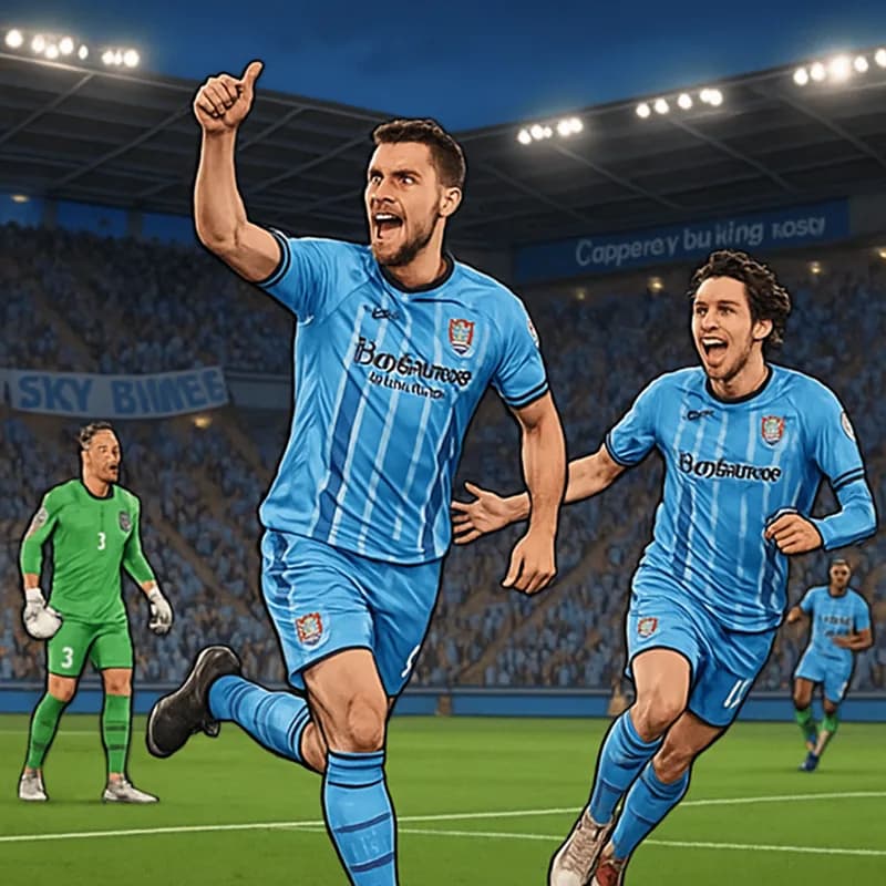 A vibrant scene at Coventry's CBS Arena, filled with passionate fans in sky blue kits. The atmosphere is electric as players celebrate a goal on the lush green pitch, with banners and flags waving in 