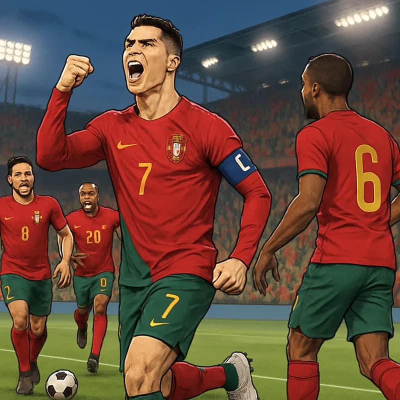 A vibrant scene depicting Cristiano Ronaldo in the Portugal national team jersey, celebrating with teammates on a lush green pitch, with fans in red and green jerseys cheering in the background, captu