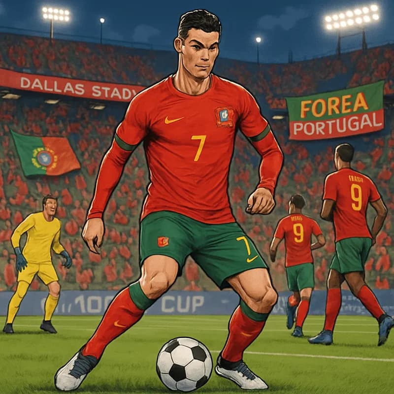 A vibrant scene at Dallas Stadium, filled with fans in Portugal's red and green jerseys, cheering passionately as Cristiano Ronaldo warms up on the pitch. The atmosphere is electric with banners and f