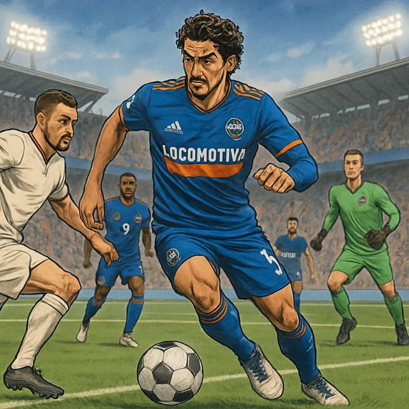 A vibrant scene at a packed stadium with El Paso Locomotive FC's blue and orange jerseys on display. Fans cheer enthusiastically as Cristo Fernandez, in his new kit, trains on the lush green pitch, sh