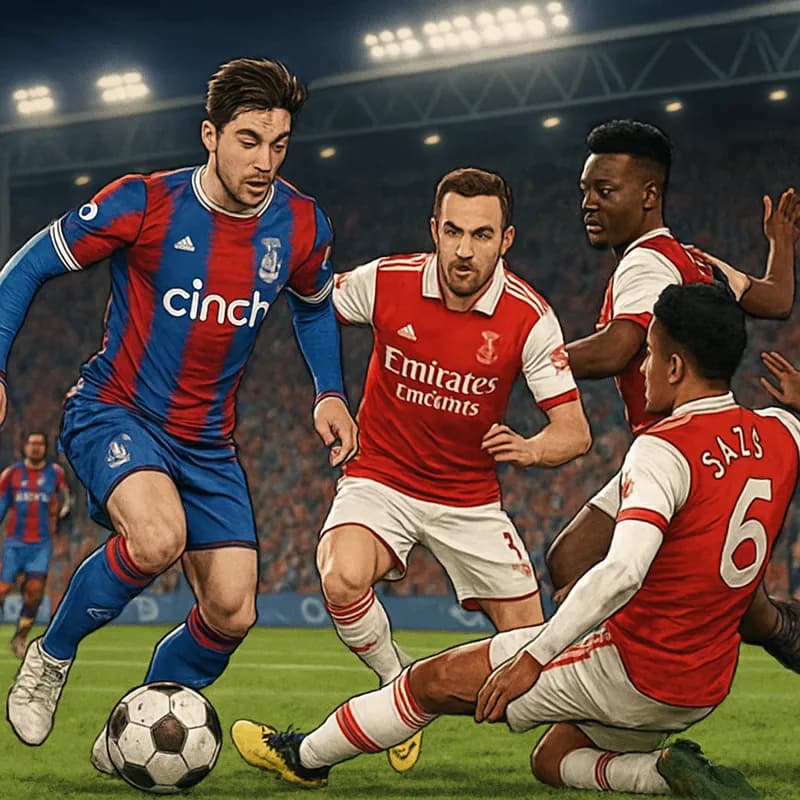 A vibrant scene at Selhurst Park, showcasing Crystal Palace players in their red and blue striped jerseys, clashing with Arsenal players in their traditional red and white kits. The stadium is packed 