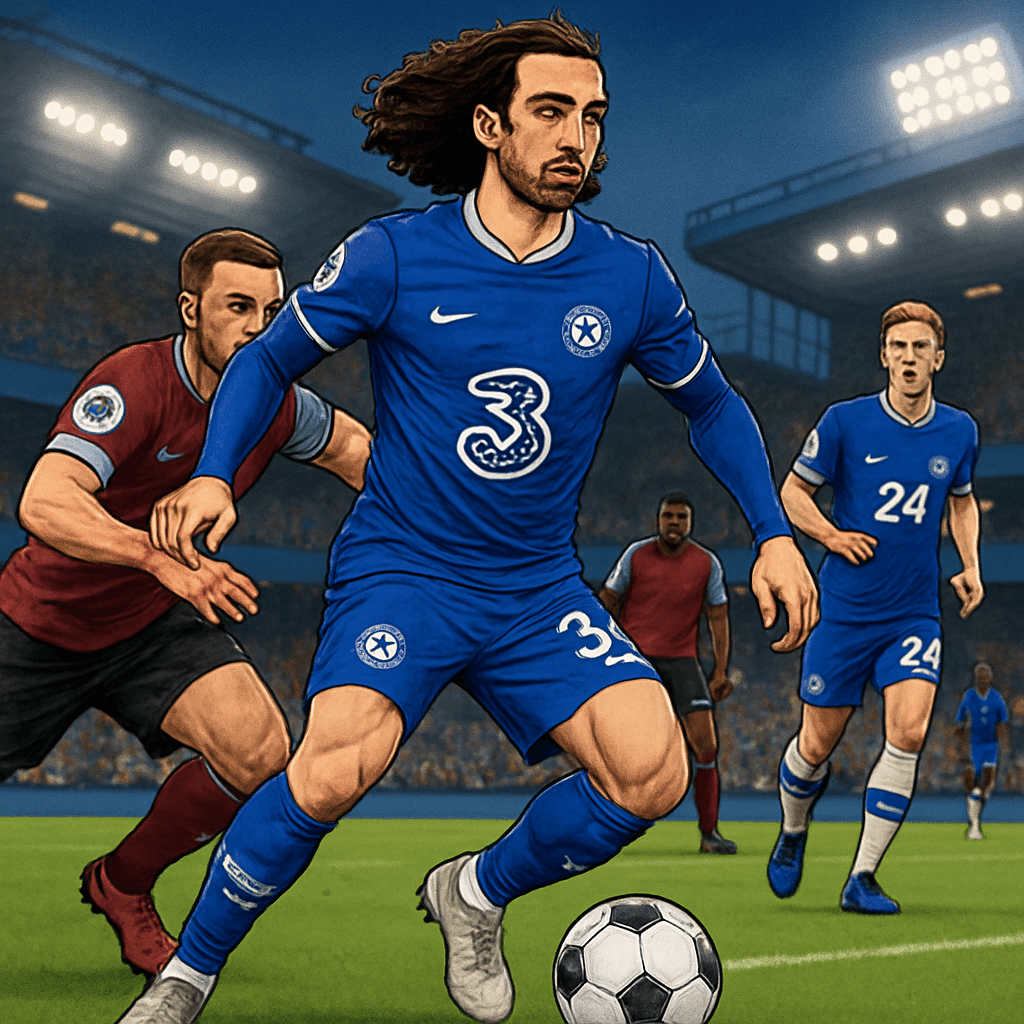 A vibrant scene at Stamford Bridge during a Chelsea match, with Marc Cucurella in the team's blue kit, dribbling the ball against a backdrop of cheering fans and the iconic stadium atmosphere.