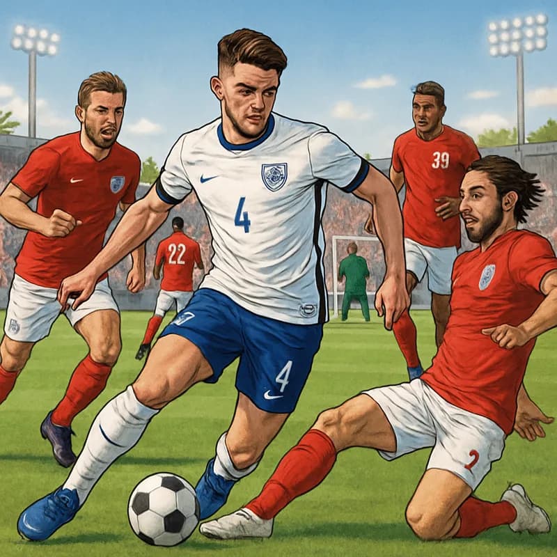 A vibrant training scene in Florida with Declan Rice in an England jersey, surrounded by teammates in red and white kits, practicing on a lush green pitch under sunny skies. The atmosphere is lively, 