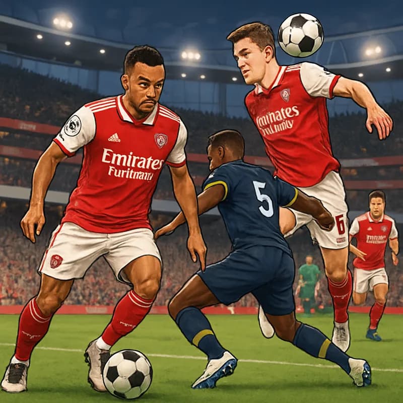 A vibrant scene at the Emirates Stadium during a Premier League match, with Arsenal players in their red and white kits engaging in intense gameplay, surrounded by cheering fans in the stands.