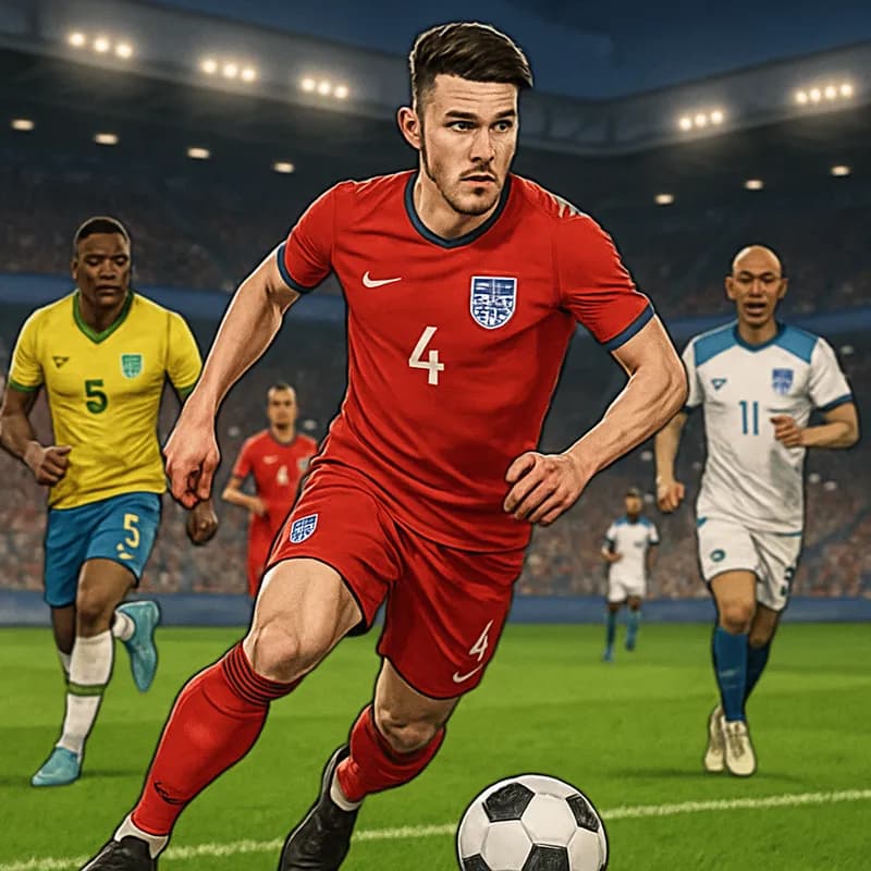 A scene depicting Declan Rice in England's red and white kit, dribbling the ball on a vibrant green pitch at a packed stadium, with fans cheering in the background.
