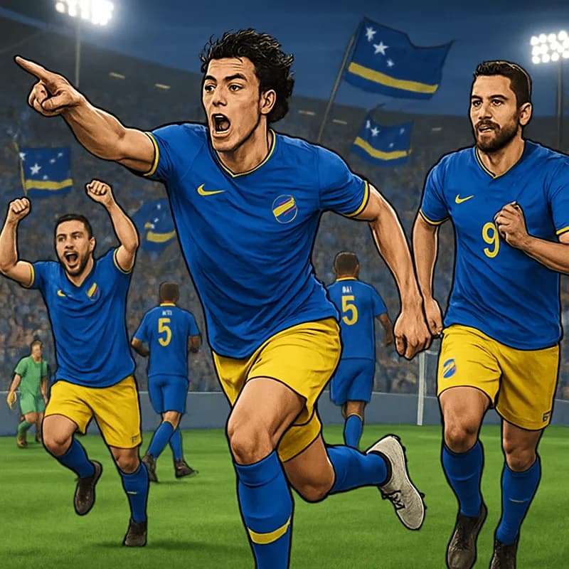 A vibrant scene at a stadium filled with fans waving Curaçao flags, the team in their blue and yellow kits, celebrating a goal under bright stadium lights with a lively atmosphere.