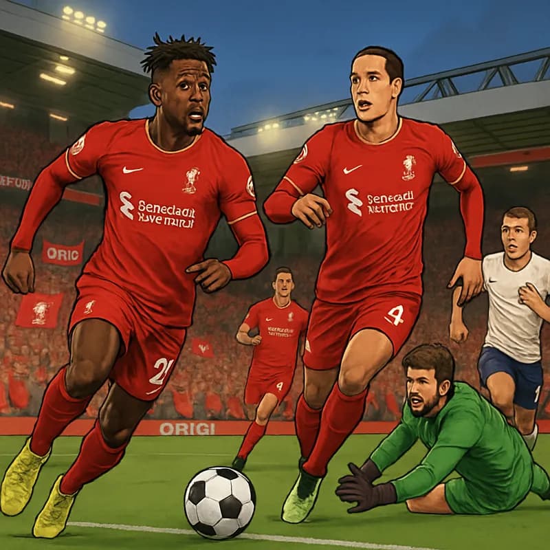 A vibrant scene inside Anfield during a Liverpool match, with fans in red jerseys celebrating a goal. The atmosphere is electric, with banners waving and a soccer ball in the foreground, capturing the