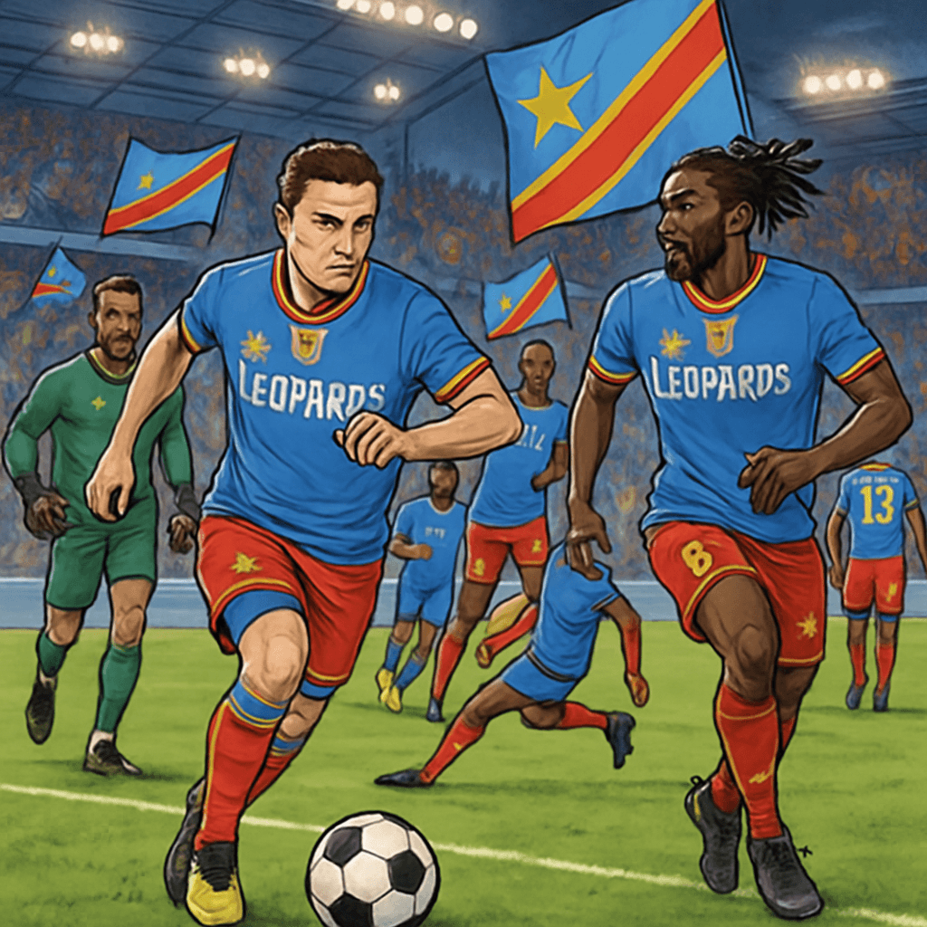 A vibrant scene at a packed stadium, with fans wearing the blue and yellow kit of DR Congo, waving flags, and cheering passionately. The atmosphere is electric as players warm up on a lush green pitch