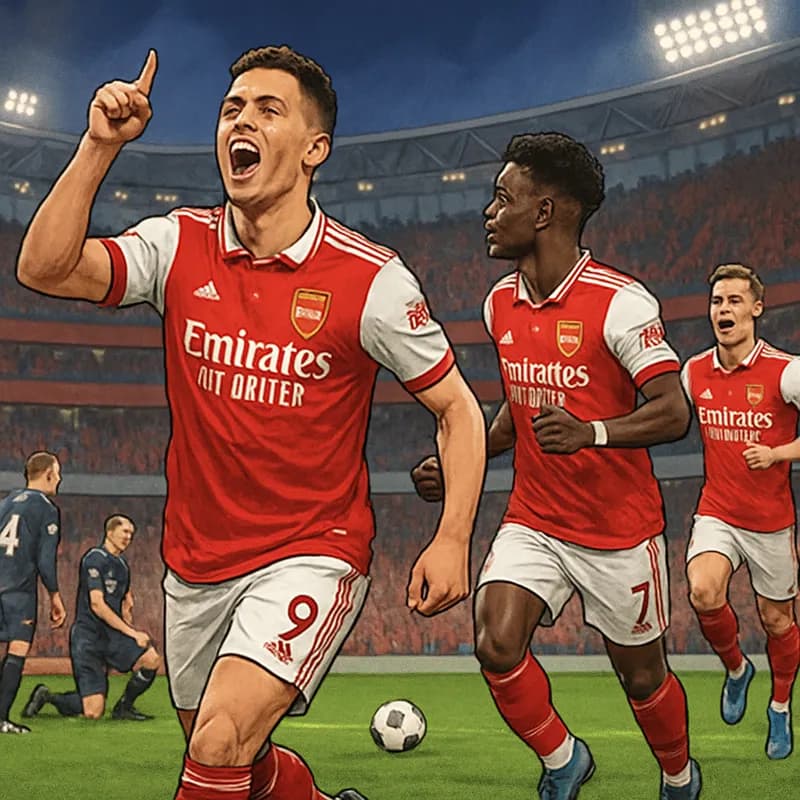 A vibrant scene at the Emirates Stadium, showcasing Arsenal in their red and white kits celebrating after scoring a goal. The crowd is electric, with fans waving flags and cheering. In the background,