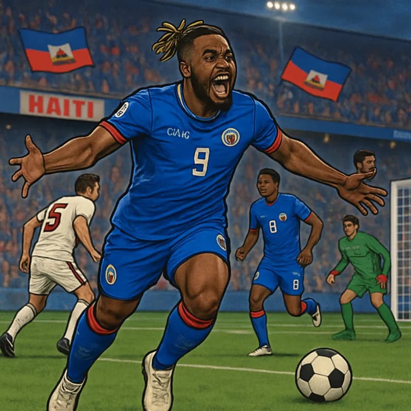 A vibrant soccer scene depicting Duckens Nazon in a blue Haiti national team kit, celebrating a goal in a packed stadium. The atmosphere is electric, with fans waving Haitian flags and banners, while 