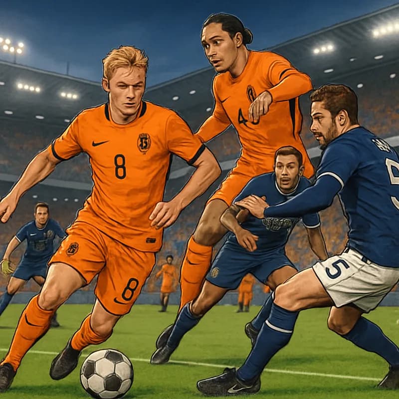 A vibrant scene at a packed stadium with fans in orange jerseys, cheering for the Netherlands. The pitch is lush green, with players in traditional kits, showcasing intense training before the World C