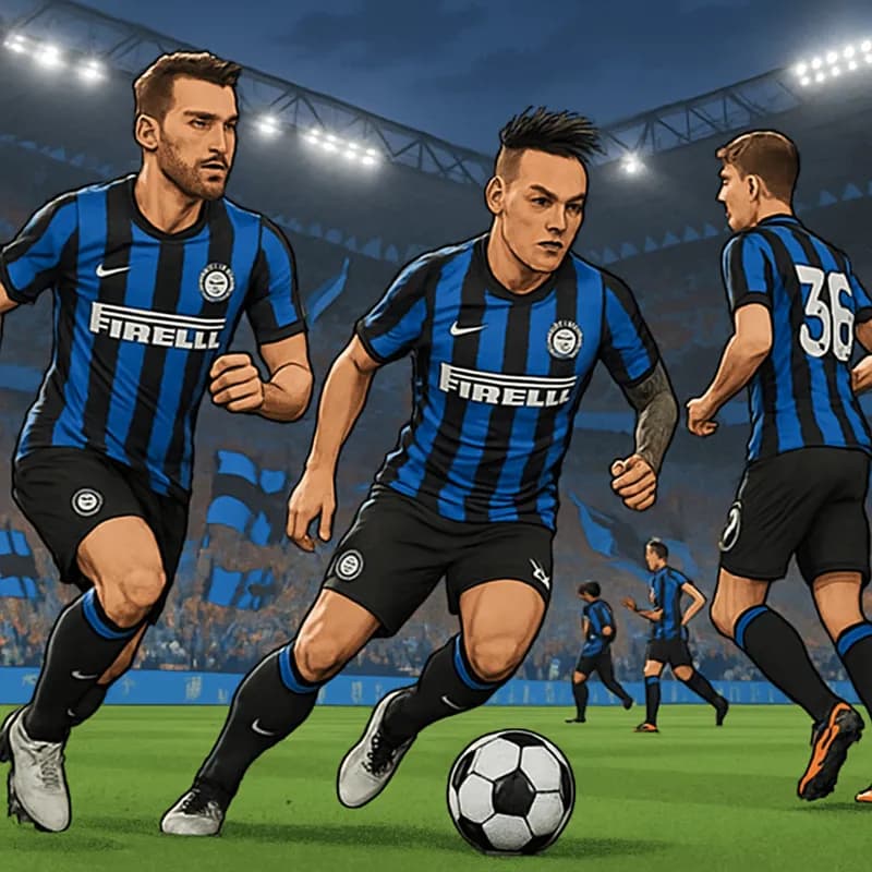 A vibrant scene at a packed San Siro stadium, with Inter Milan players in their blue and black striped kits warming up on the pitch. The atmosphere is electric, with fans waving flags and banners, cre