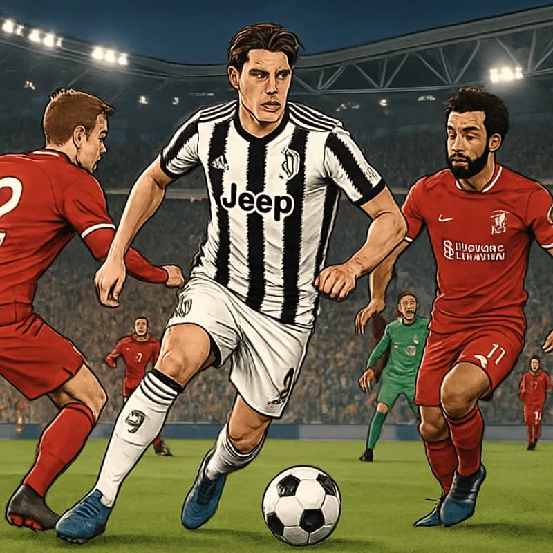 A vibrant scene at Juventus' Allianz Stadium, showcasing Dusan Vlahovic in the club's black and white striped jersey, with fans cheering in the stands and a green pitch in view.