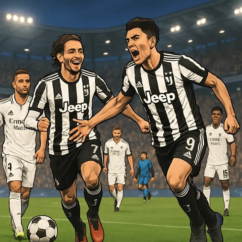 A vibrant stadium scene showing Juventus players in their black and white striped kits celebrating a goal, with Real Madrid players in their white kits looking on, amidst a lively crowd and a green pi