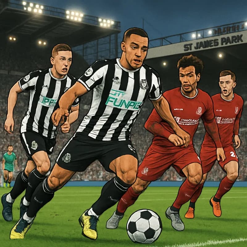 A vibrant scene at St James' Park during a tense Newcastle United match. The home team is in their black and white striped kits, with fans passionately cheering in the stands. The green pitch is alive