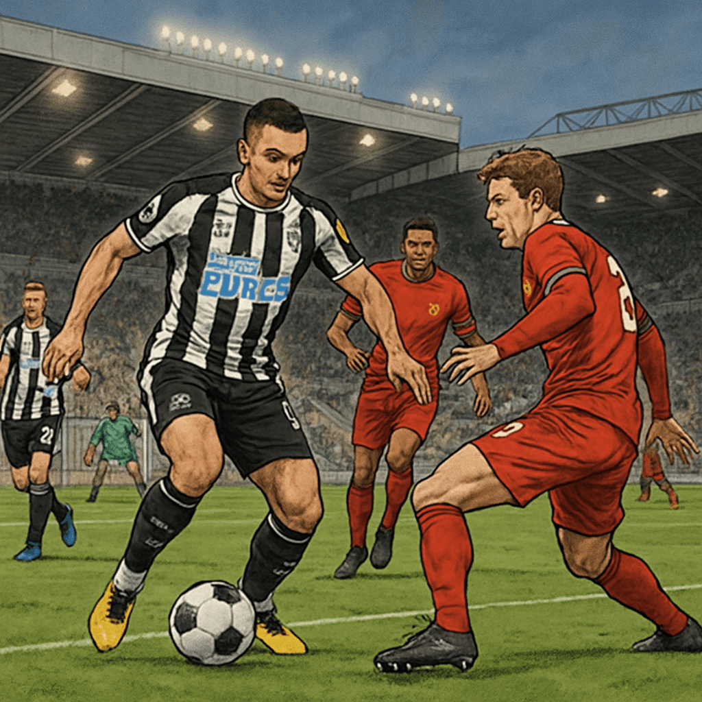A vibrant scene at St James' Park during a match, with Newcastle players in their black and white striped kits battling against opponents. The stadium is filled with passionate fans, creating an elect