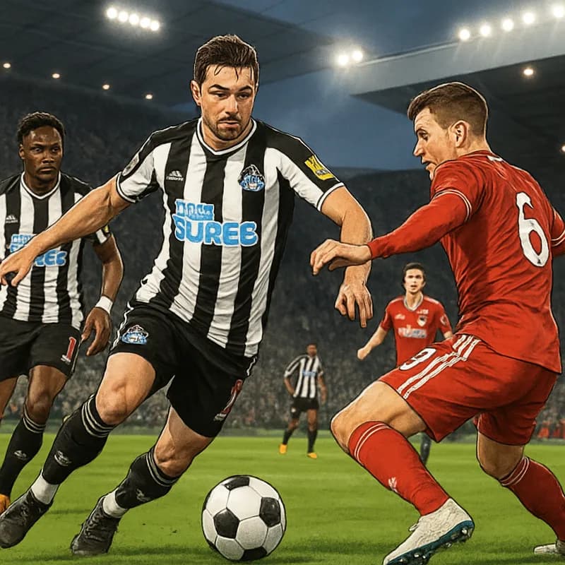 A tense moment during a Premier League match at St. James' Park, with Newcastle players in their black and white striped jerseys battling against an opponent. The stadium is packed with passionate fan