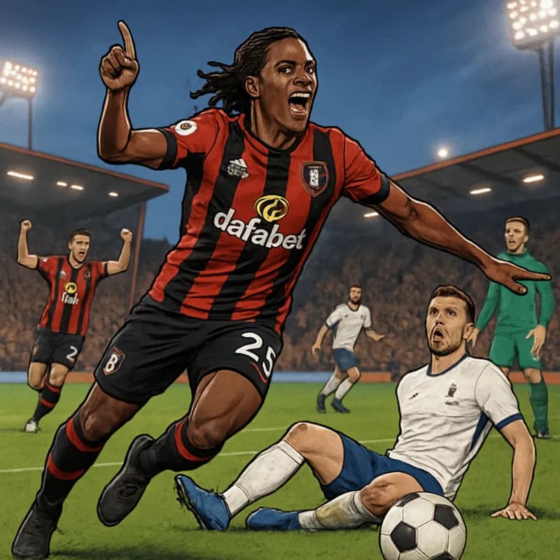 A vibrant scene at Bournemouth's Vitality Stadium, with Eli Junior Kroupi in the club's cherry red and black striped jersey, celebrating a goal amidst a cheering crowd, with a green pitch and a soccer