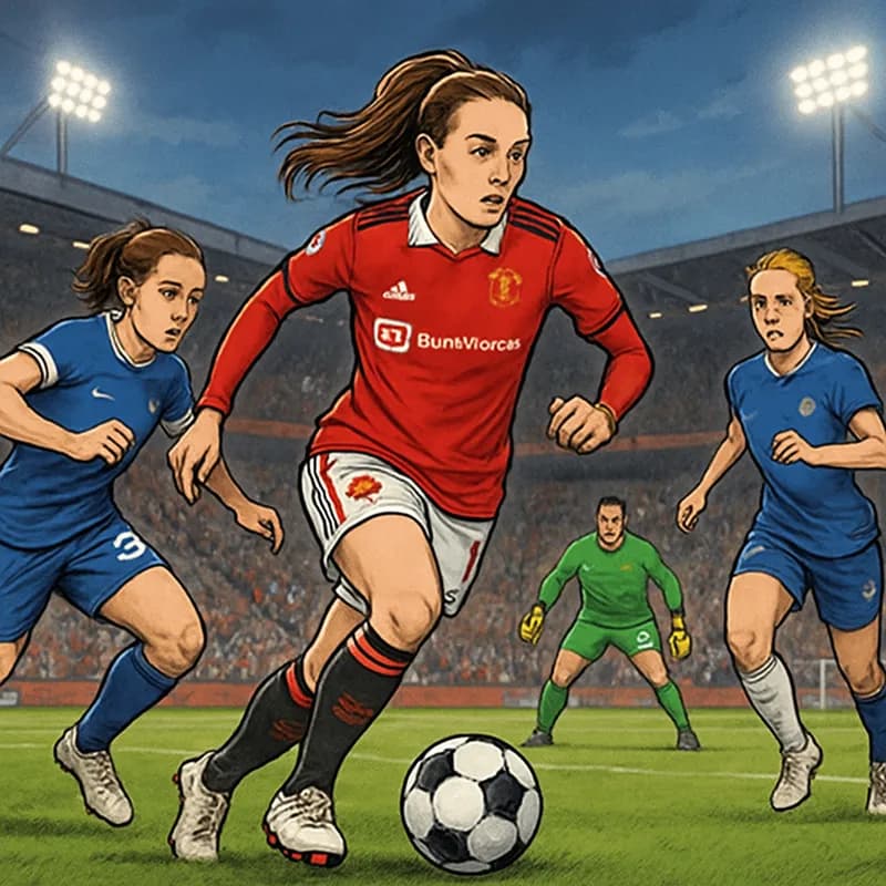 A vibrant soccer scene in a packed stadium, with Ella Toone in Manchester United's red jersey, dribbling the ball on a lush green pitch. Fans are cheering in the stands, creating an electric atmospher