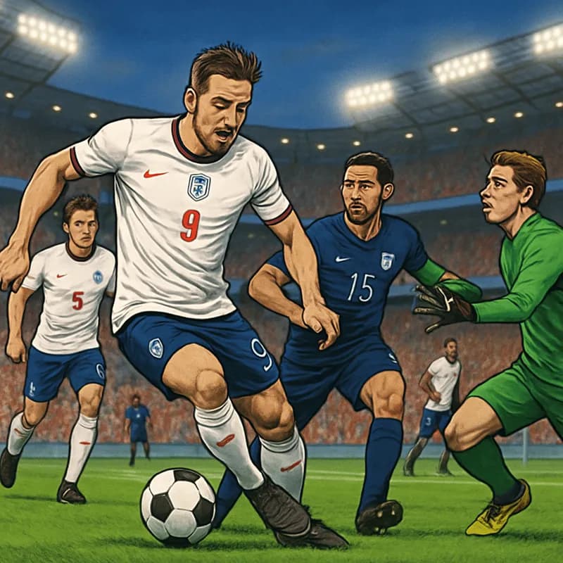 A vibrant scene at a World Cup match featuring England players in their traditional white jerseys with red accents, showcasing a lively stadium atmosphere filled with cheering fans, green pitch, and d