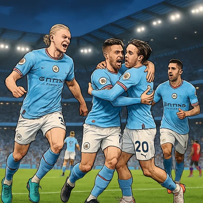 A vibrant scene at the Etihad Stadium during a Manchester City match. The stands are filled with fans in sky blue jerseys, while players in their home kit are seen celebrating a goal, emphasizing the 