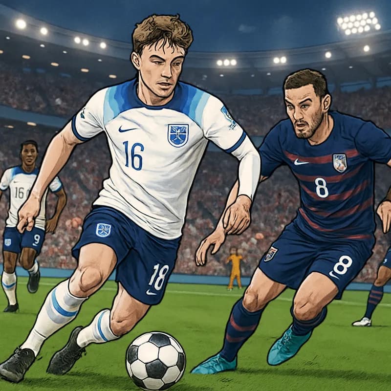 A vibrant scene at the World Cup featuring Elliot Anderson in the England national team kit, dribbling the ball on a lush green pitch at a packed stadium, with fans waving flags and cheering in the ba