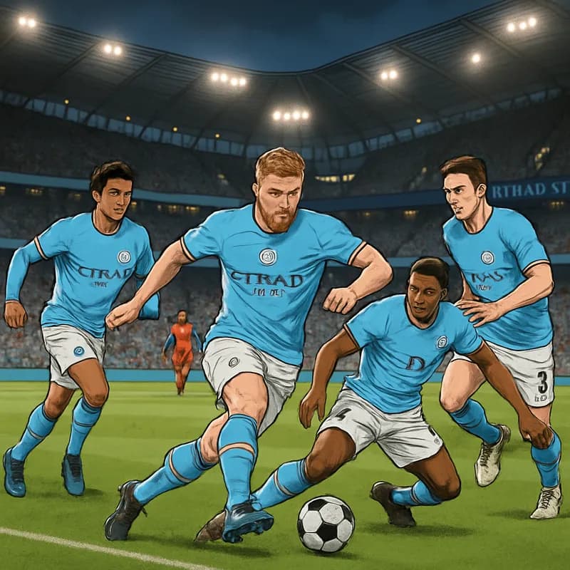A vibrant scene at the Etihad Stadium, with Manchester City players in their sky blue jerseys, displaying tactical drills on the green pitch, while fans cheer in the stands.