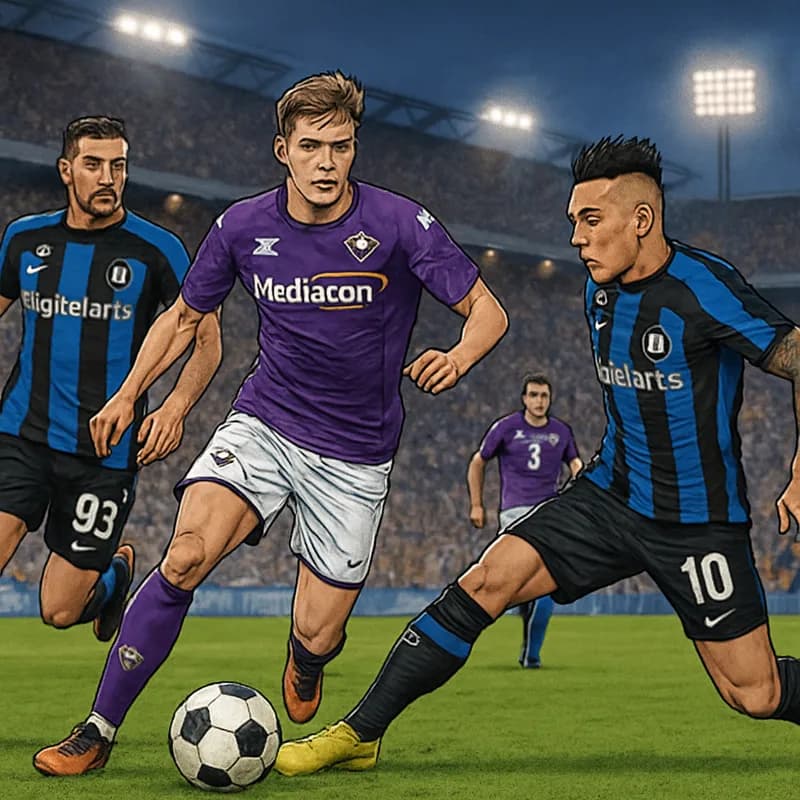A vibrant scene at a Serie A match featuring young talents in their team kits, with Fiorentina in purple and white, and Inter in blue and black. The stadium is filled with passionate fans, showcasing 