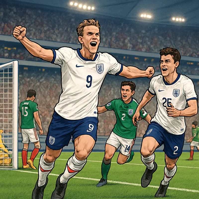 A vibrant scene at Azteca Stadium during the England vs. Mexico match, featuring England players in their traditional white jerseys with red accents, celebrating a goal amid a lively crowd. The green 