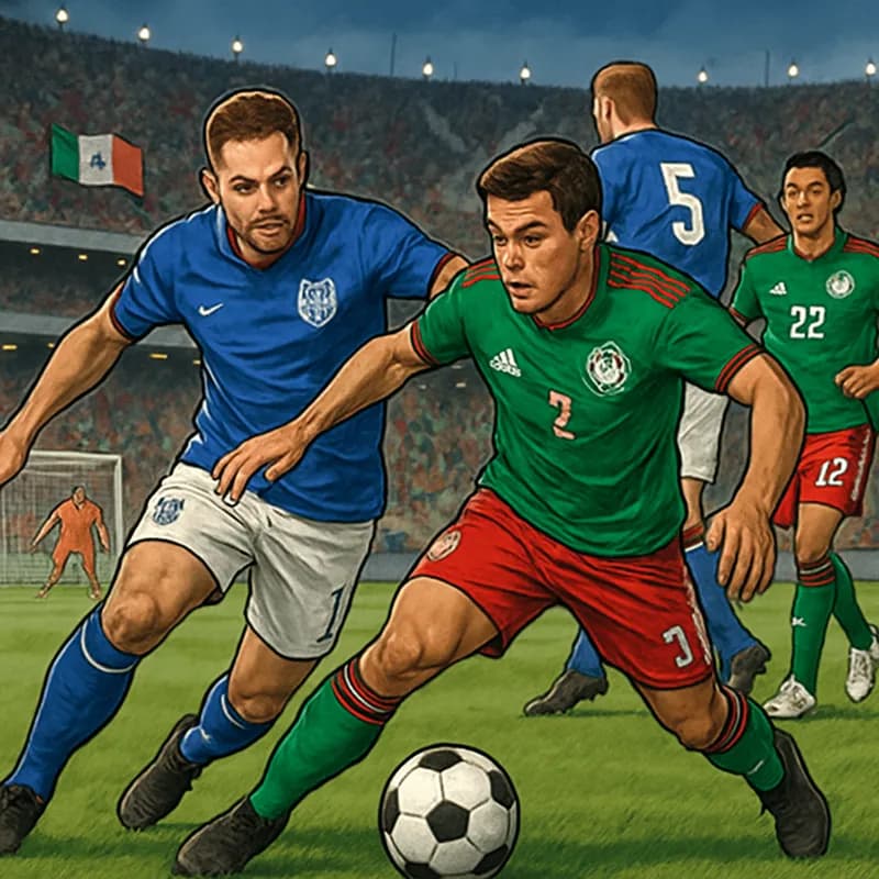 A vibrant scene at the Estadio Azteca during the World Cup match between England and Mexico, showcasing England's blue and white kits against Mexico's green and red colors. The stadium is packed with 