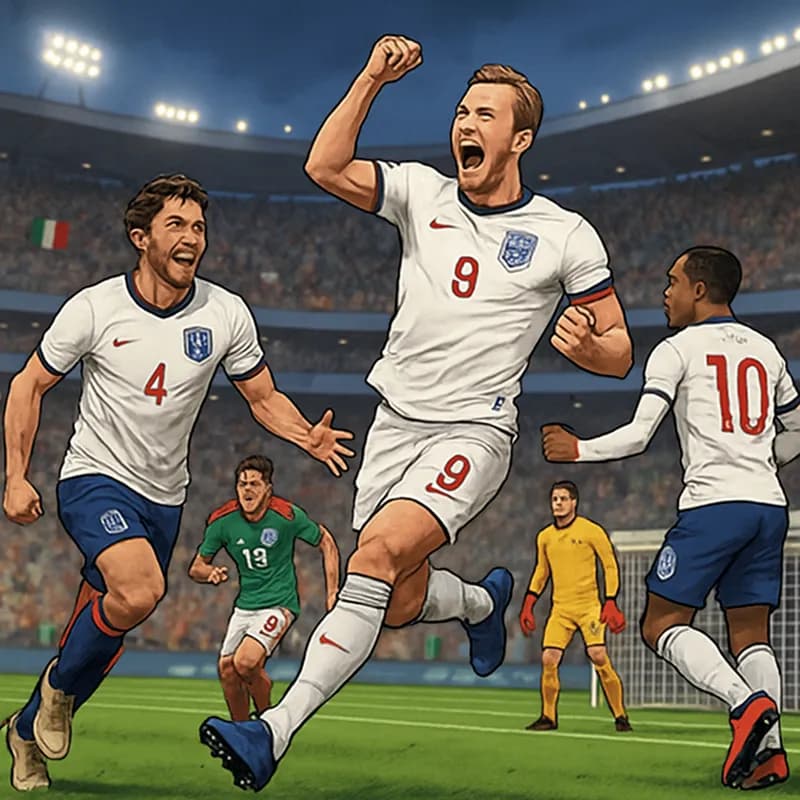A vibrant scene at the Azteca Stadium showcasing England's players in their traditional white jerseys with red accents, celebrating a goal against Mexico. The stadium is packed with passionate fans, c