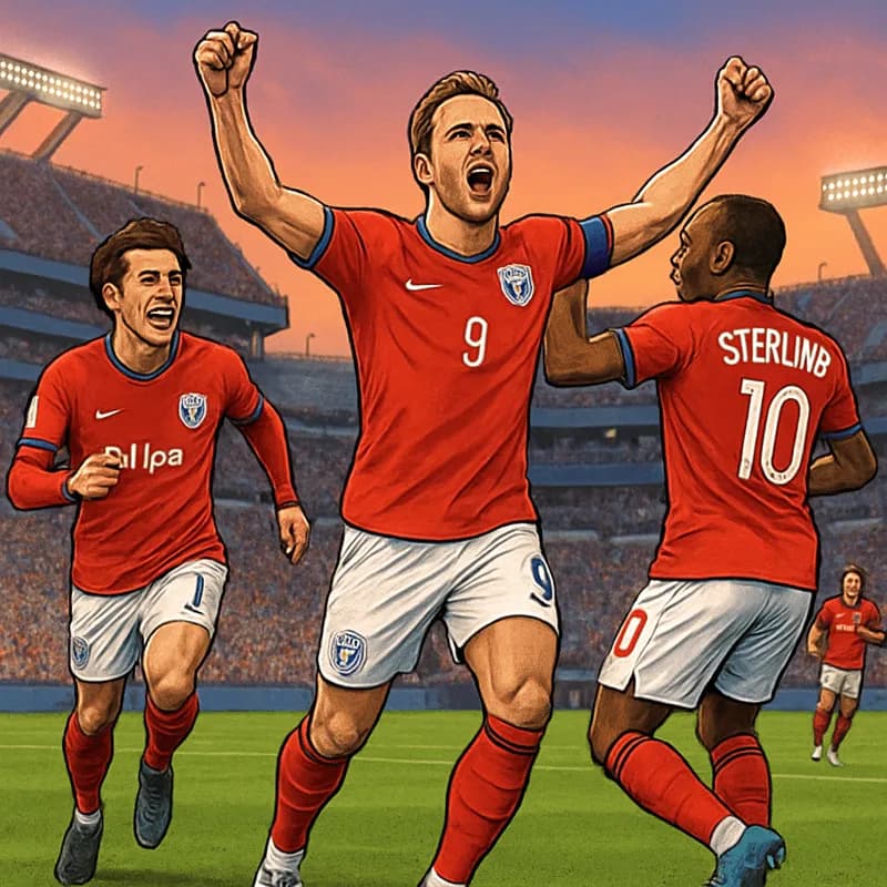 A vibrant scene at Raymond James Stadium, with England players in their iconic red and white kits celebrating Harry Kane's goal. The stadium is filled with fans, creating a lively atmosphere as the su
