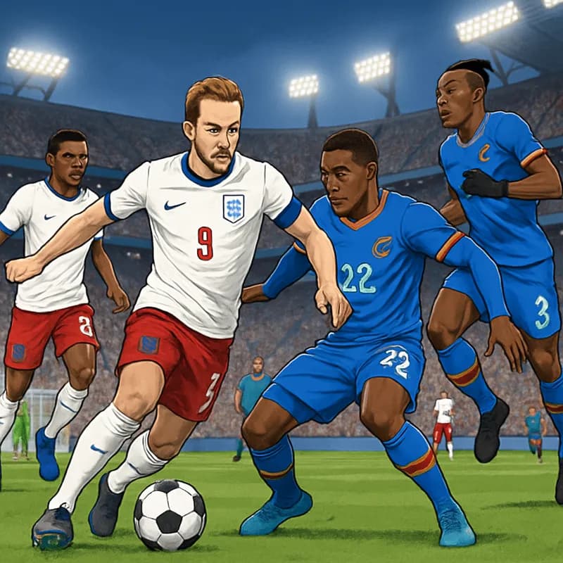 A vibrant scene at Atlanta Stadium, with England players in their iconic white jerseys and red shorts, facing off against DR Congo in their blue kit. The stadium is filled with passionate fans, waving