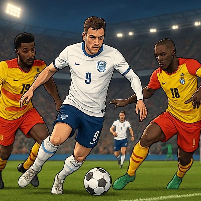 A tense moment during the England vs Ghana World Cup match, featuring England players in their classic white jerseys and Ghana in yellow and red kits, with a vibrant stadium atmosphere filled with fan