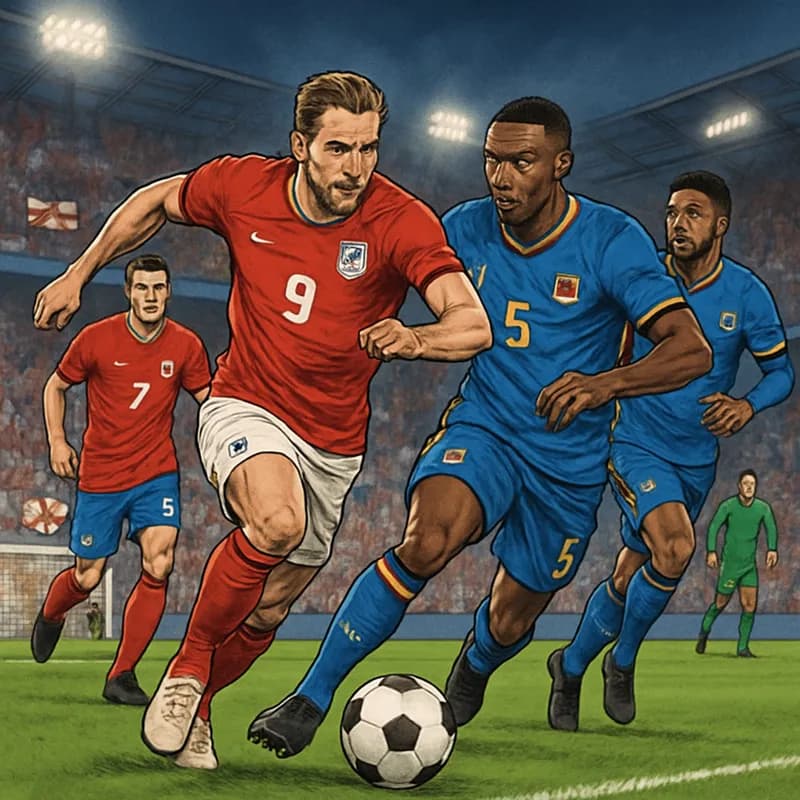 A vibrant scene at a packed stadium showing England fans in their iconic red and white jerseys, cheering passionately as their team plays against the Democratic Republic of the Congo. The atmosphere i