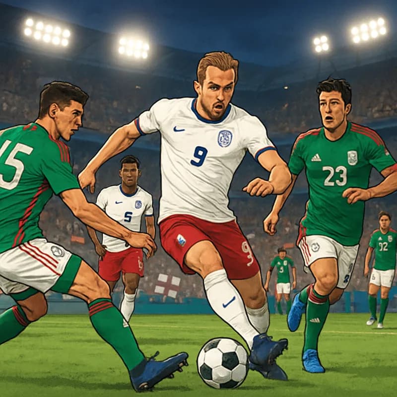 A vibrant stadium scene during the World Cup, with England players in their classic white and red kits and Mexico players in green jerseys. The atmosphere is electric, with fans waving flags and cheer