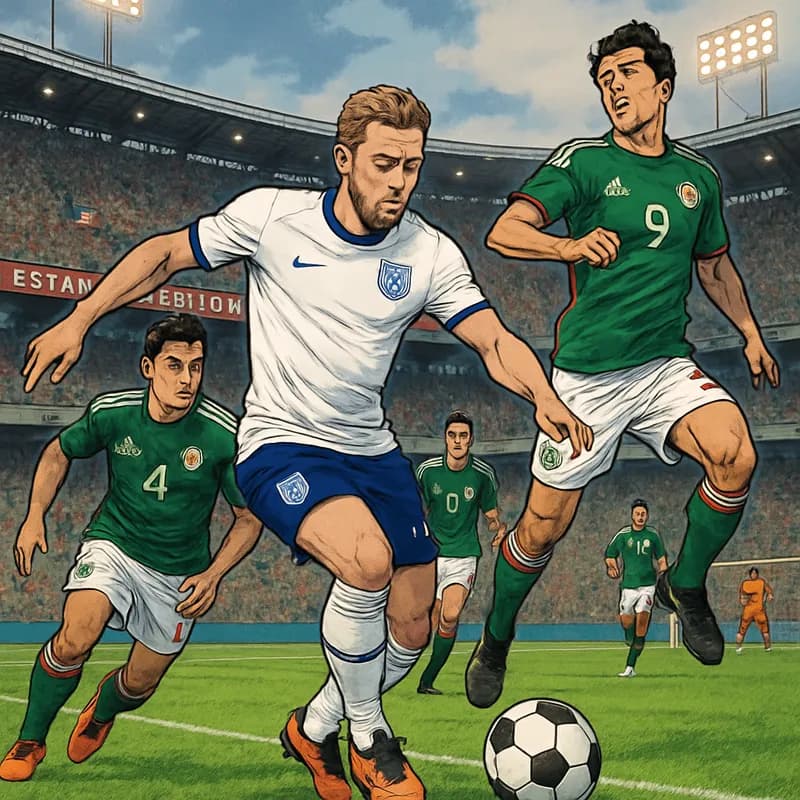 A vibrant scene at Estadio Azteca, with England in their classic white kits and Mexico in their iconic green jerseys. The stadium is filled with excited fans waving flags, creating an electrifying atm
