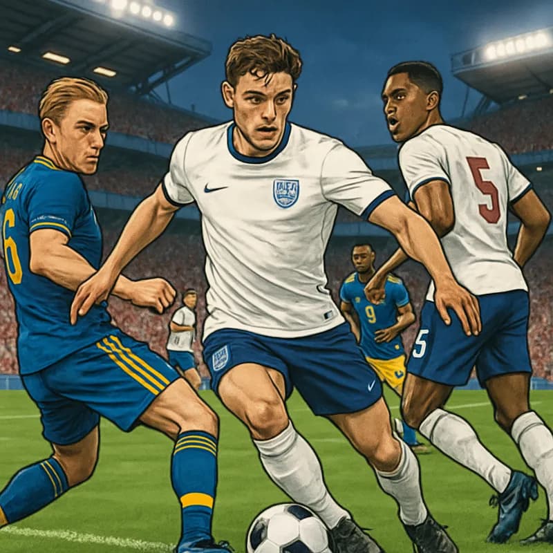A vibrant scene at a Miami stadium, filled with fans wearing England's white and red kits, cheering passionately. The pitch is lush green, with players warming up, preparing for a crucial World Cup ma
