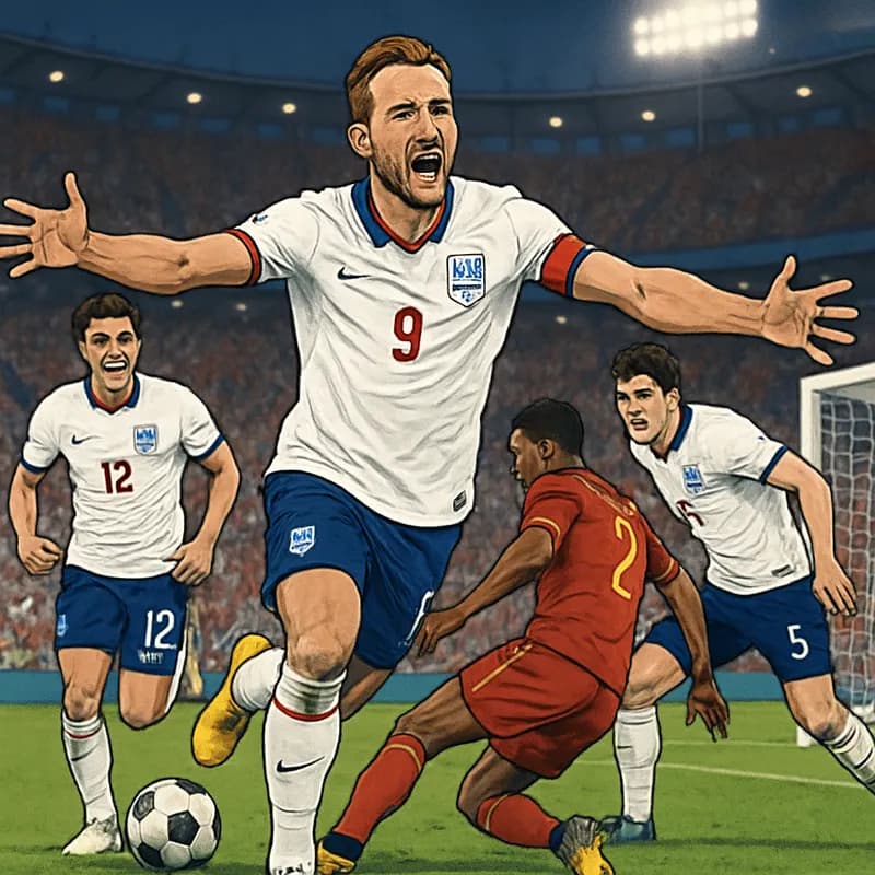 A vibrant scene from the World Cup match in Atlanta, featuring England in their iconic white and red kits, celebrating Harry Kane's goals. The stadium is packed with cheering fans, flags waving, and a