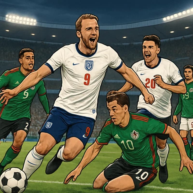 A vibrant scene at Estadio Azteca, where England players in their classic white jerseys with red accents celebrate a goal against Mexico, who are in their green home kit. The stadium is packed with pa