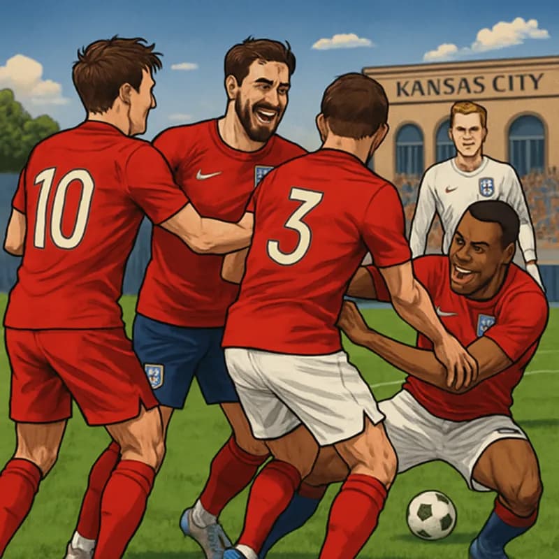 A vibrant scene showing England players in their red and white kits, laughing and playing games in a relaxed setting at their Kansas City base, with a soccer ball nearby and a green pitch in the backg