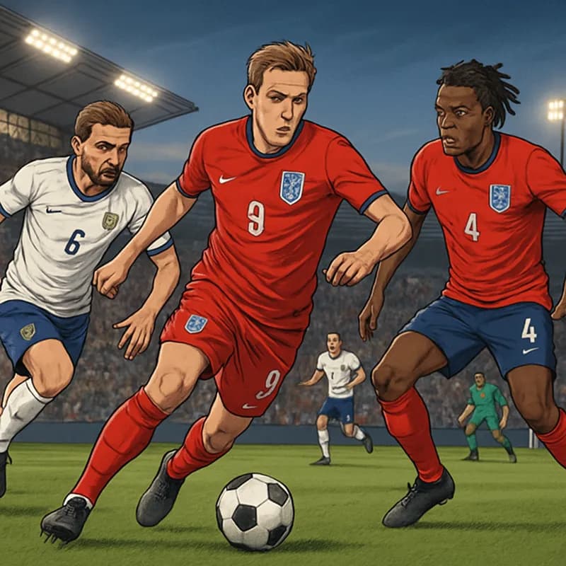 A vibrant scene at a soccer training ground with England players in their red and white kits, practicing on a lush green pitch surrounded by supportive fans, with a modern training facility in the bac