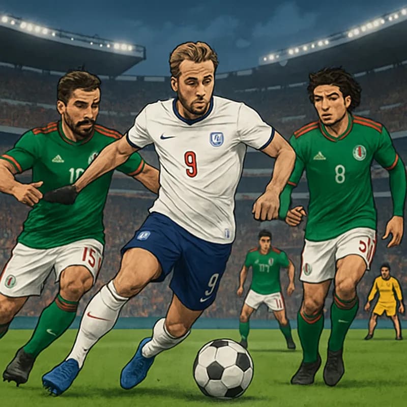 A tense scene at the Azteca Stadium during a World Cup match, featuring England in their traditional white jerseys and Mexico in green, with a vibrant crowd atmosphere and the iconic stadium backdrop.