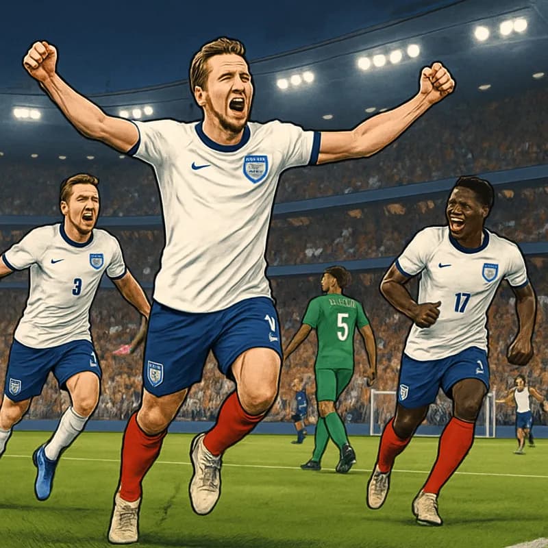 A vibrant scene at a packed stadium during the World Cup, with England players in their iconic white jerseys, blue shorts, and red socks, celebrating a goal. The atmosphere is electric, with fans wavi